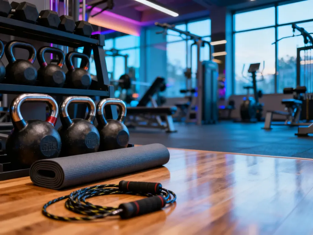 Profesjonalnie wyposażona siłownia z kettlebellami, matą do jogi i skakanką, gotowa do przeprowadzenia zróżnicowanego treningu.