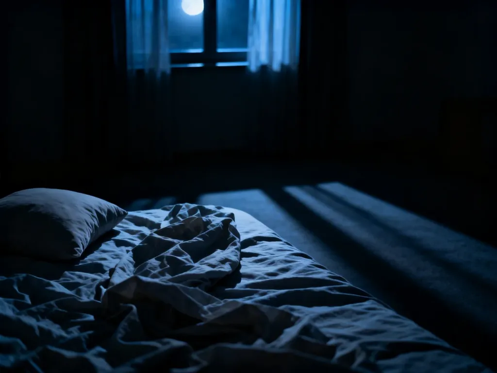 Pusta, przyciemniona sypialnia z niepościelonym łóżkiem, oddająca atmosferę niepokoju i nocnych lęków.