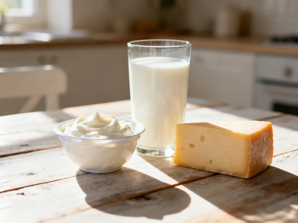 Szklanka mleka, jogurt grecki i kawałek sera na drewnianym stole w słonecznej kuchni.